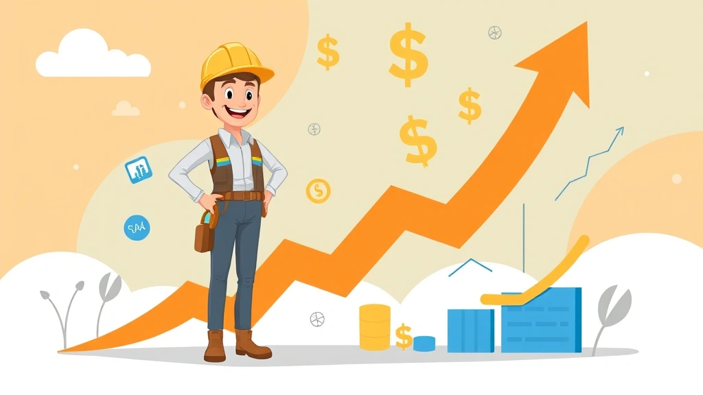 Cartoon contractor standing on upward trending arrow graph, surrounded by growing income symbols and business growth indicators