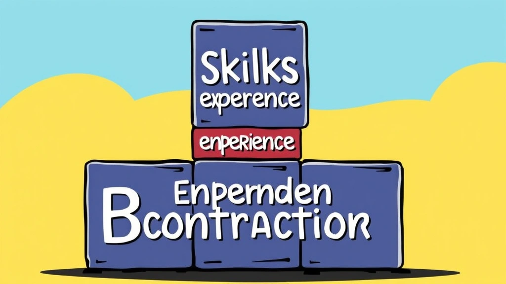 Cartoon illustration of a professional building blocks labeled with skills, experience, and reputation, representing the growth and brand-building journey of independent contractors