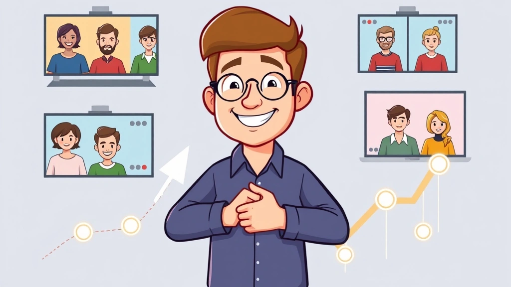 Cartoon freelancer shaking hands with diverse clients appearing on video call screens, multiple happy faces in windows, upward trending arrow chart, networking connections with glowing links between people