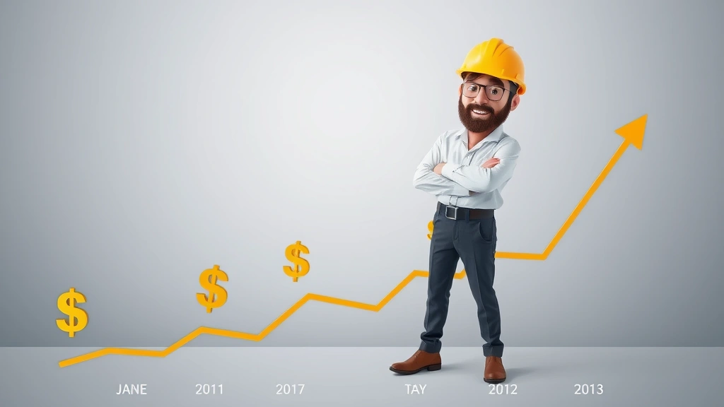 Confident contractor character standing on upward trending graph line, dollar signs and business growth symbols, calendar marking tax dates, professional attire