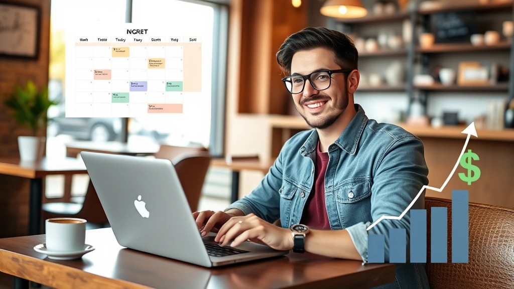 Happy freelancer working from coffee shop with laptop, calendar showing multiple projects, dollar signs and growth chart visible, representing income diversification and flexibility