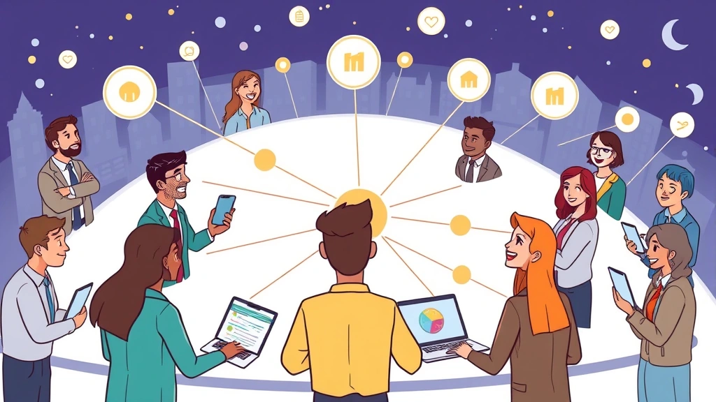 Network of professionals connecting through digital and in-person channels, building relationships and referrals, diverse contractors collaborating and sharing opportunities, vibrant cartoon style