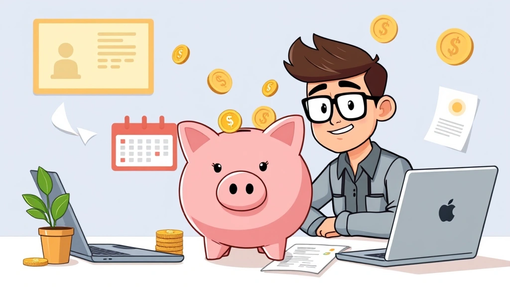 Cartoon independent contractor earning money from multiple sources, piggy bank receiving coins from different directions, laptop, calendar, invoices, successful financial growth visualization