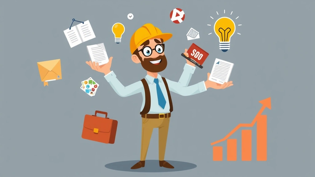 Cartoon contractor juggling multiple projects and clients with briefcase, lightbulb, and growth chart showing increasing income and success