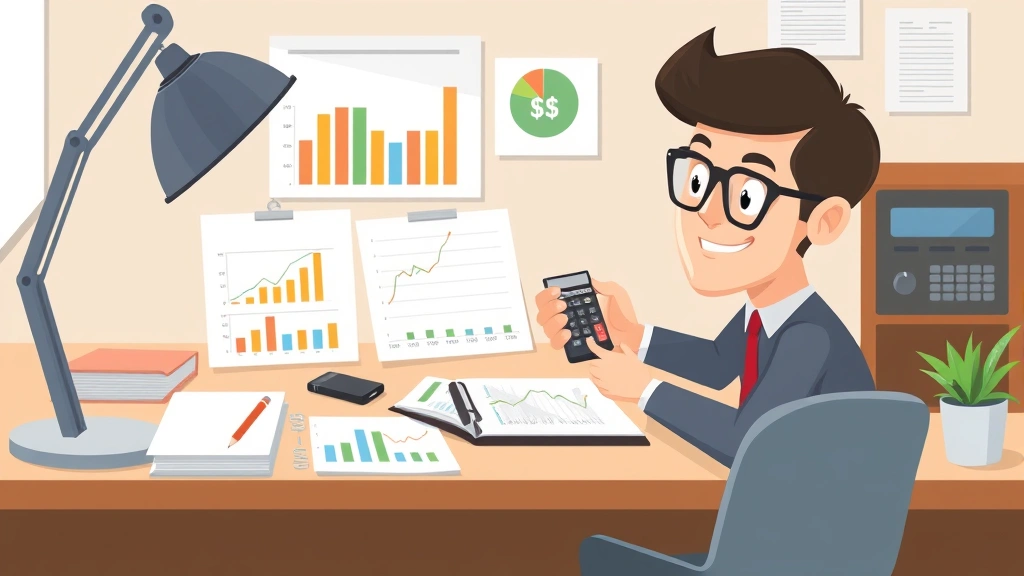 Freelancer tracking income and expenses with calculator, charts, and organized financial documents on desk, professional cartoon style