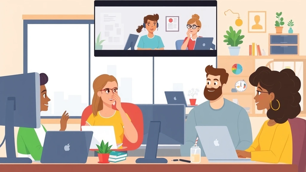 Cartoon diverse freelancers collaborating remotely via video call, each in different home office settings, showing teamwork and global connection in gig economy