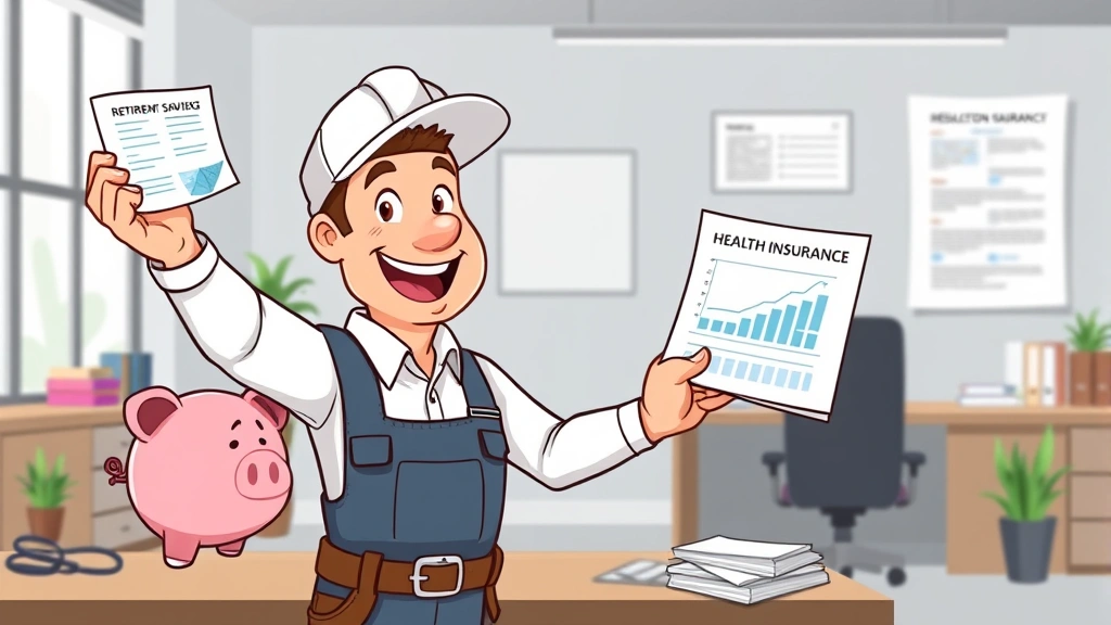 Cartoon contractor celebrating with piggy bank, retirement savings chart, and health insurance documents, successful and confident posture, modern workspace