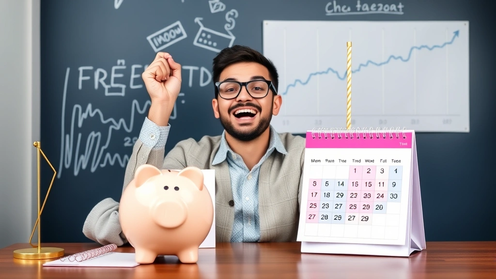 Freelancer celebrating with upward trending income chart, piggy bank, and calendar showing consistent client meetings, bright optimistic colors, professional casual setting