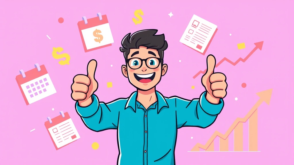 Cartoon illustration of freelancer celebrating with thumbs up, surrounded by floating dollar signs, calendar, contracts, and growth chart, vibrant optimistic colors