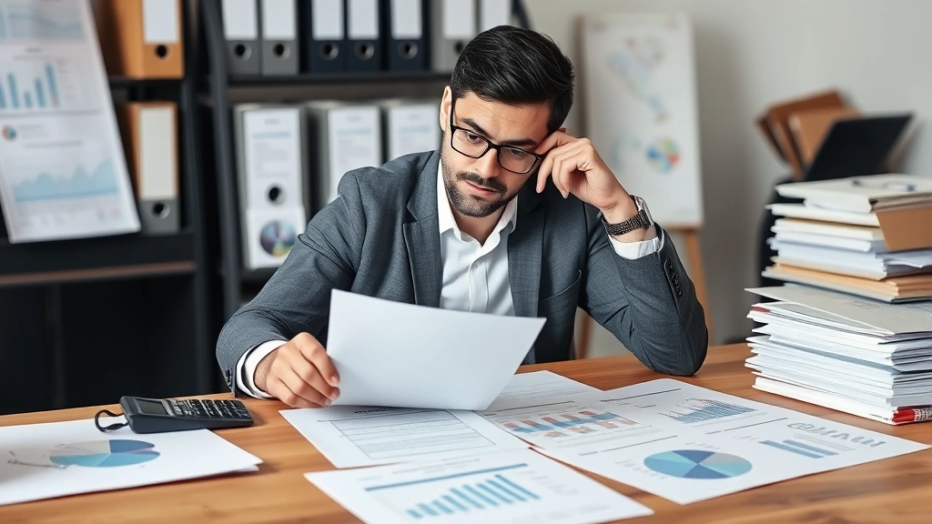 Thoughtful contractor reviewing documents and contracts at desk with calculator and financial charts, organized filing system, professional workspace with planning elements and determination