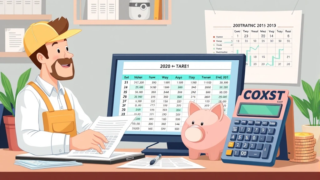 Cartoon financial planning scene with contractor calculating taxes, spreadsheet on screen, piggy bank, calendar showing quarterly dates, calculator, and coins, organized and professional aesthetic