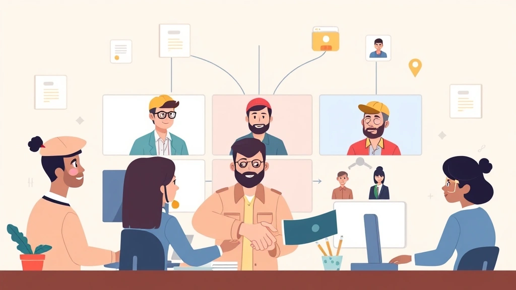 Diverse group of cartoon contractors collaborating remotely, video call screens, file sharing icons, handshake symbols, representing networking and building client relationships