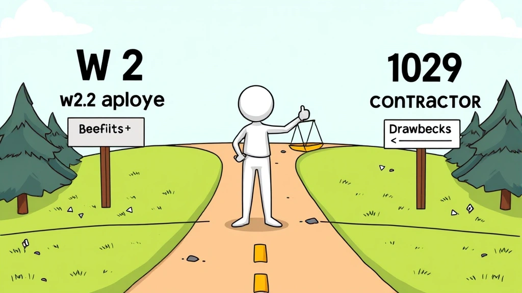Cartoon figure standing at crossroads between W-2 employee path and 1099 contractor path, weighing benefits and drawbacks on a scale