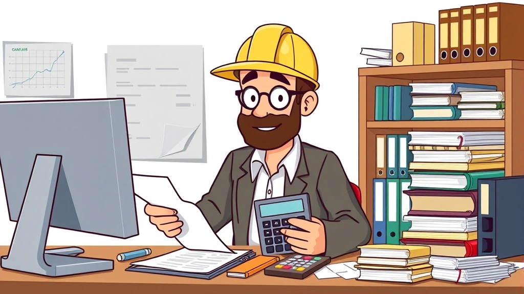 Cartoon 1099 contractor calculating taxes and managing finances with spreadsheet, calculator, and organized files. Professional but approachable style showing business organization.
