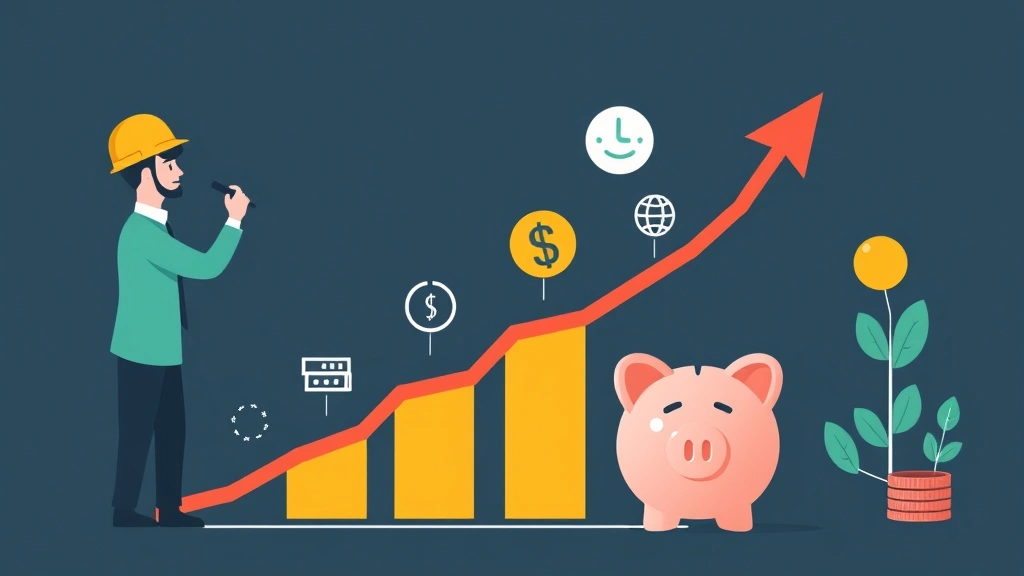 Career growth chart with contractor earning increasing income over time, upward arrow, piggy bank, and professional development symbols, positive energy and success