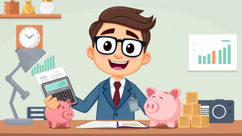 Cartoon accountant or financial advisor character holding a calculator and tax form, with chart graphs showing income trends, piggy bank, and building blocks representing financial foundation, organized desk setup