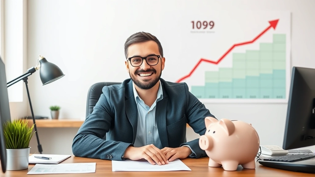 Happy 1099 worker at desk with retirement savings chart showing growth trajectory, piggy bank, and upward trending graph in background