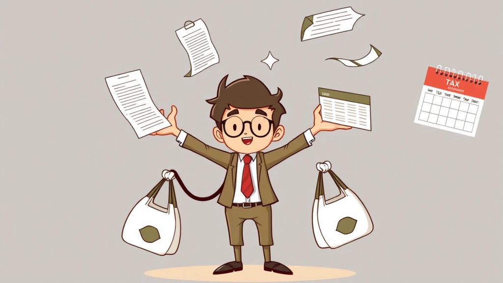 Cartoon character juggling money bags, contracts, and calendar dates, representing financial management and tax planning for independent contractors, organized and stress-free