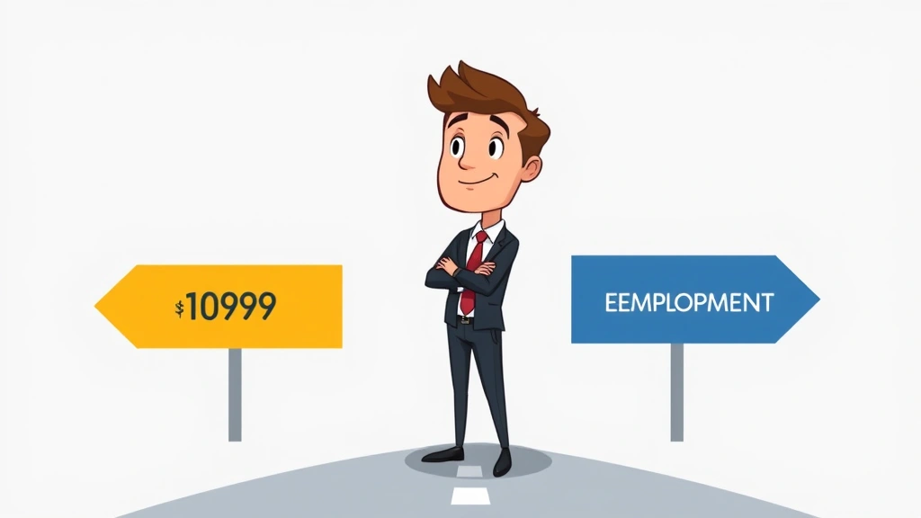 Cartoon businessperson standing at crossroads with arrows pointing different directions, decision-making moment between 1099 and traditional employment paths