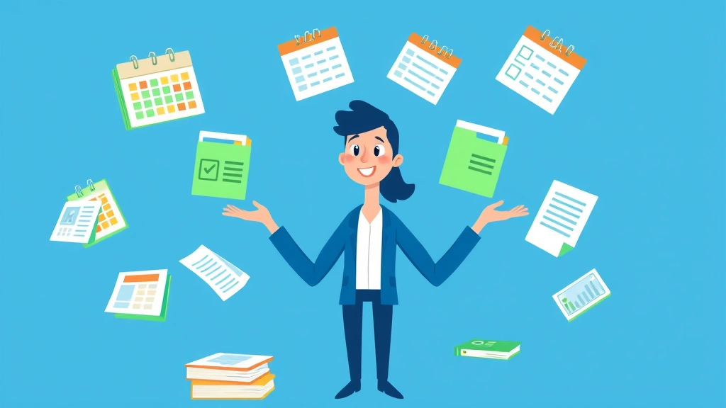Cartoon freelancer juggling multiple project files and calendars, calendar showing scheduled work, financial documents, peaceful organized chaos, blues and greens, professional yet playful