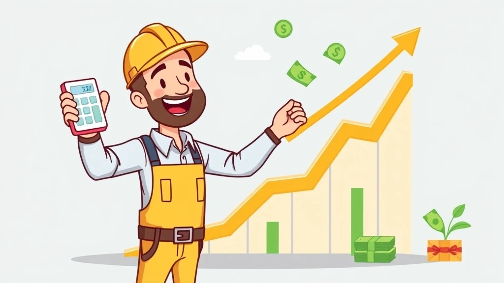 Successful contractor celebrating income milestone with upward trending graph, calculator, and money symbols, cartoon style, happy expression, financial growth visualization, modern aesthetic