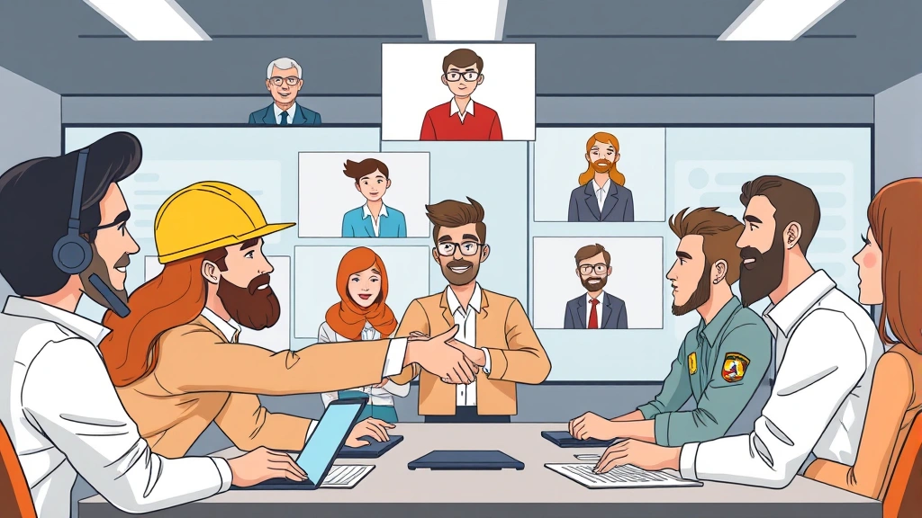 Cartoon diverse group of contractors networking at virtual conference, exchanging contact information and shaking hands across video call screens