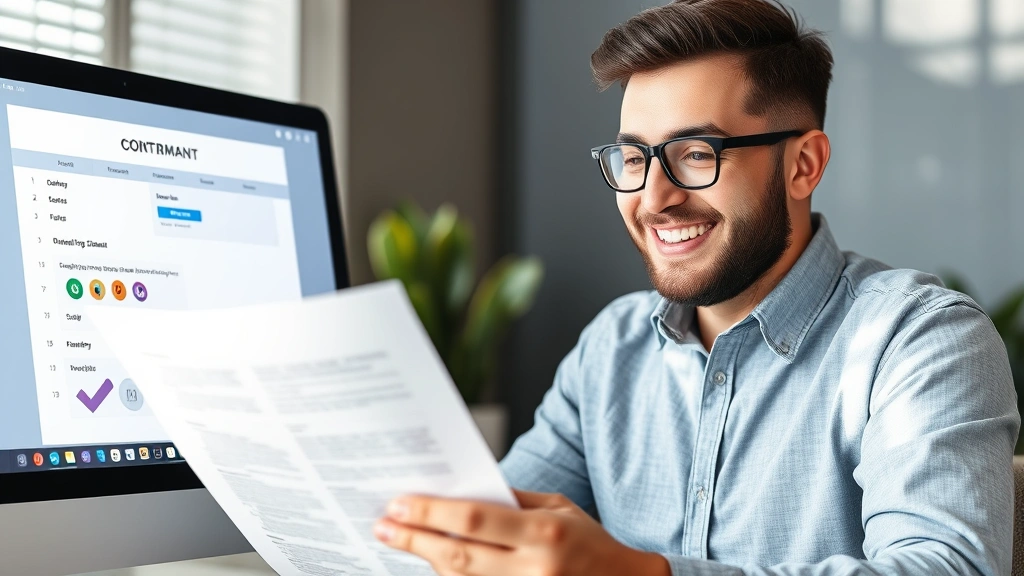 Happy freelancer reviewing contract documents with magnifying glass, payment confirmation on screen, calendar with milestone dates marked, secure lock icon and checkmark symbols indicating protected agreement