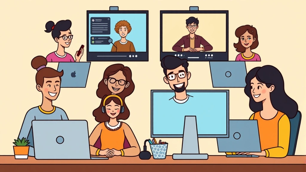 Cartoon illustration of a diverse group of freelancers collaborating through video calls on computer screens, showing remote work connections and networking opportunities in the gig economy