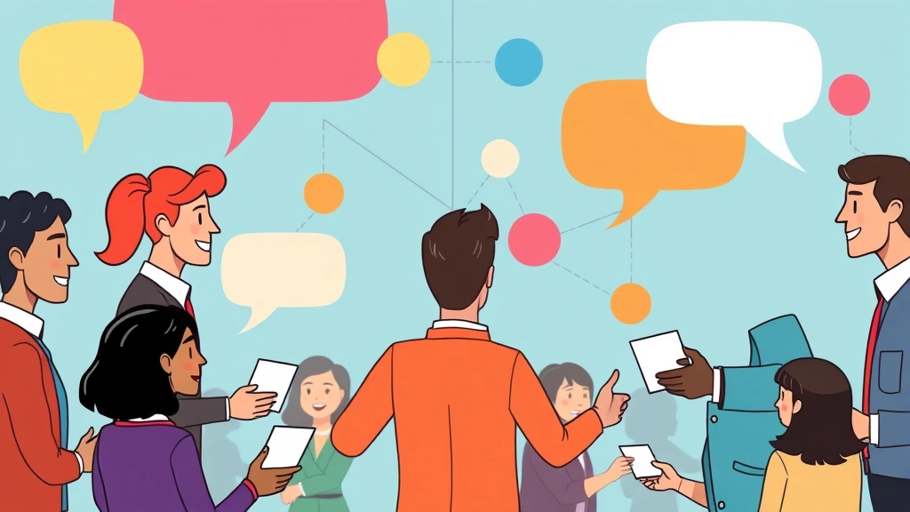 Cartoon network of professionals connecting and collaborating, people shaking hands, speech bubbles, business cards exchanging, diverse team, vibrant colors, no text