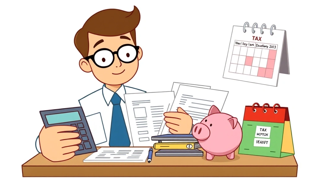 Cartoon person organizing financial documents and tax forms with a calculator, piggy bank, and calendar showing quarterly payments, professional and organized appearance