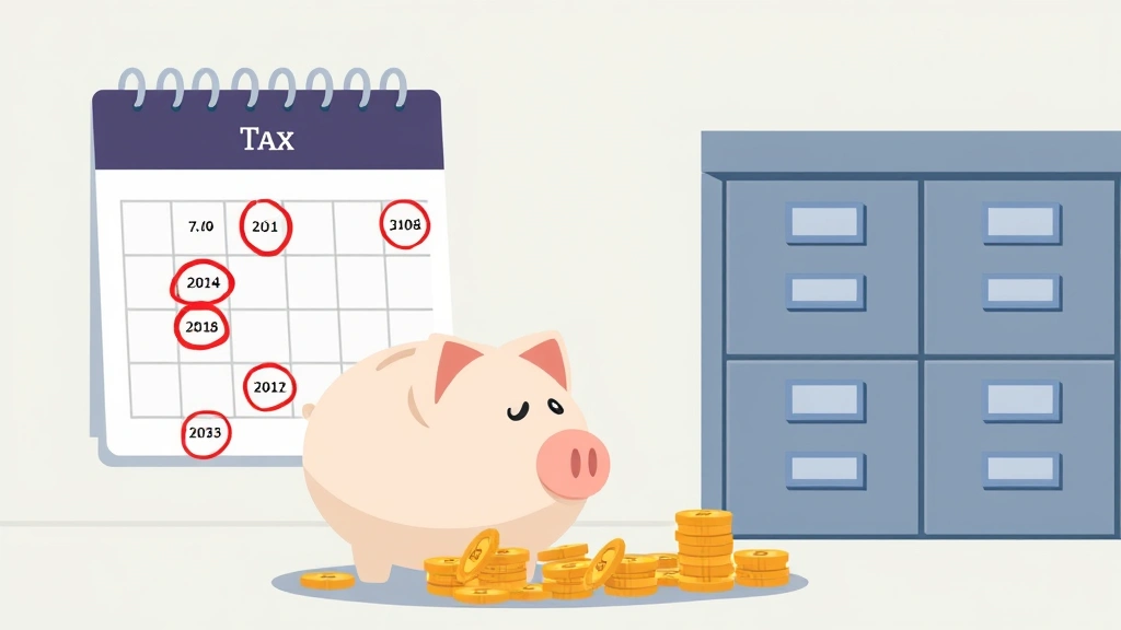 Tax calendar showing quarterly payment dates circled in red, piggy bank overflowing with coins, filing cabinets with organized documents, financial planning concept, bright and encouraging cartoon style