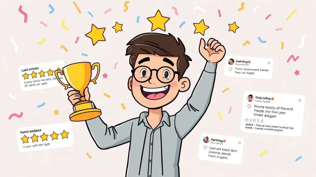 Cartoon illustration of happy freelancer celebrating with confetti, holding completed project trophy, surrounded by five-star ratings and positive client feedback