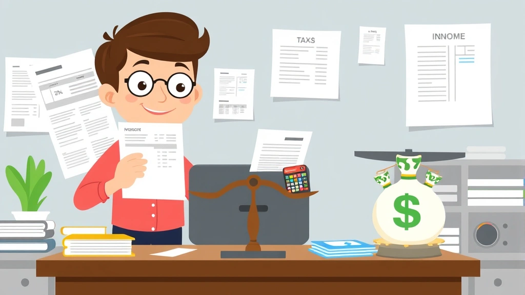Cartoon person organizing finances with spreadsheets, tax forms, and money bags, balanced scale showing income and expenses, organized desk environment