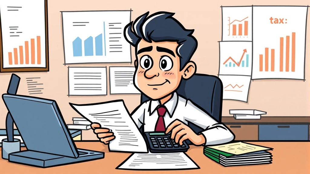 Cartoon person at desk with calculator, tax forms, and financial documents, determined expression, organized workspace with charts and graphs, representing financial management and business planning