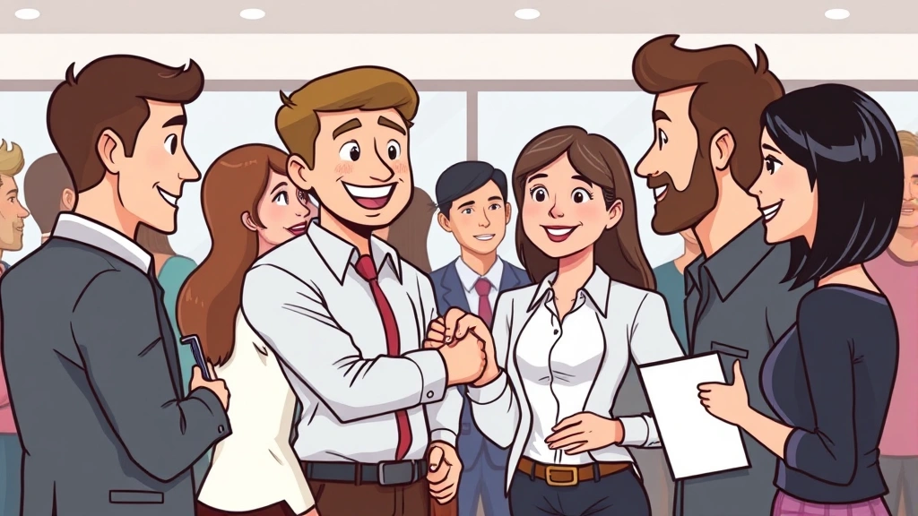 Cartoon professional at a networking event shaking hands with multiple people, representing relationship building, professional connections, and business growth opportunities