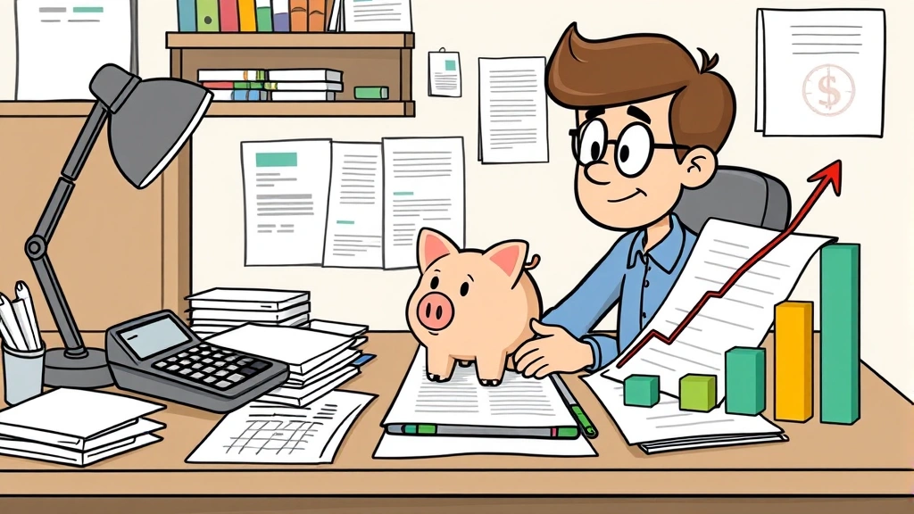 Cartoon freelancer organizing financial documents and tax forms on desk with calculator, piggy bank, and growth chart showing increasing income over time