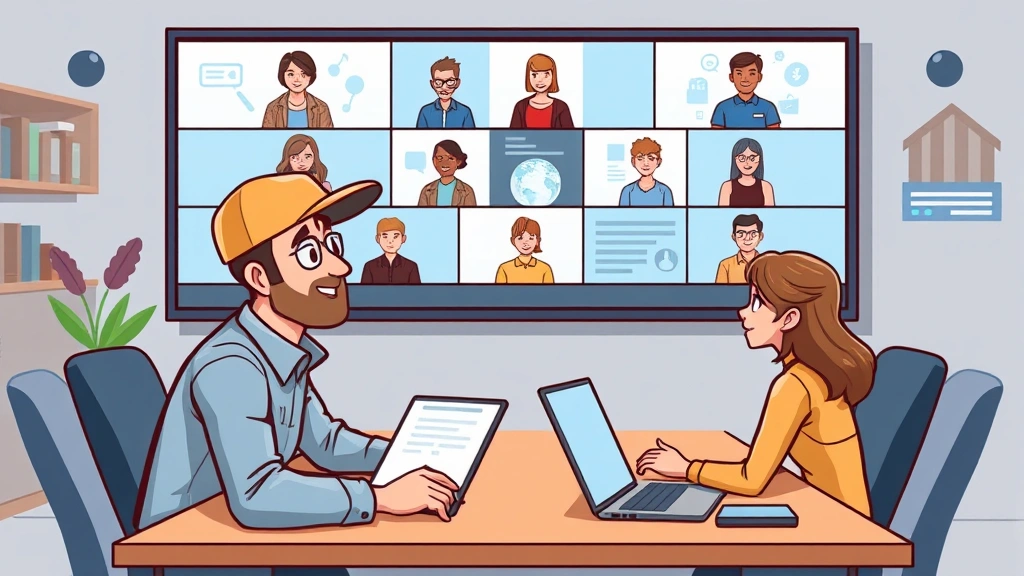 Cartoon independent contractor networking at virtual meeting, connected to global clients through screens, multiple projects displayed, diverse team collaboration, modern digital tools, successful business growth indicators