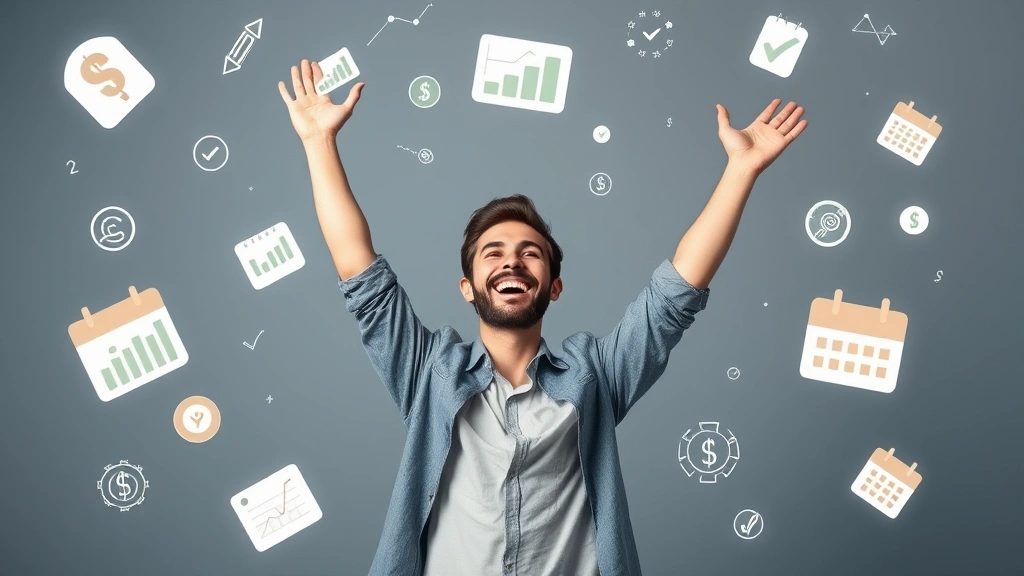 Happy freelancer celebrating with arms raised, surrounded by floating icons of money, growth charts, checkmarks, and calendar dates, symbolizing business success and stability achieved