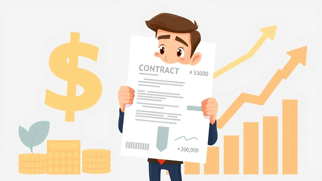 Cartoon business professional holding a contract document with a big checkmark, dollar signs, calculator, and growth chart in background, confident pose, professional attire, clean modern design