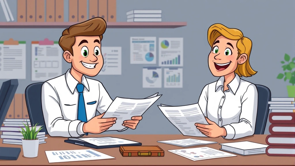Cartoon tax professional or accountant reviewing 1099 forms with happy contractor client, organized desk with files and charts, collaborative positive atmosphere