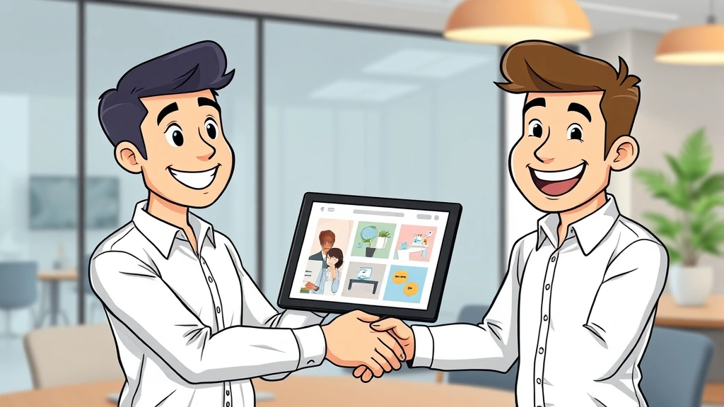 Cartoon illustration of freelancer confidently presenting portfolio work on tablet to happy client, both smiling, professional handshake energy, modern office background