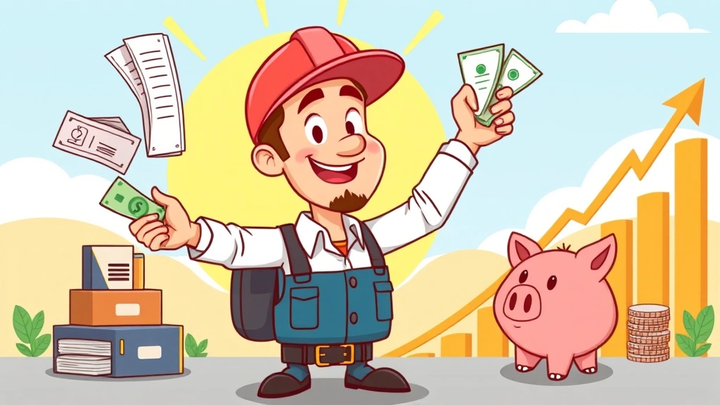 Cartoon contractor juggling multiple income sources while piggy bank grows, sunny background with upward trending graph, cheerful determined expression