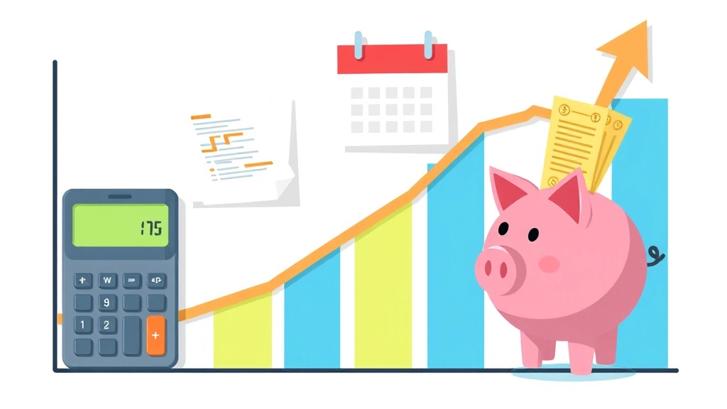 Financial planning chart showing income stability, calculator, calendar with project deadlines, piggy bank with savings, tax documents, professional growth arrow, cartoon style business illustration