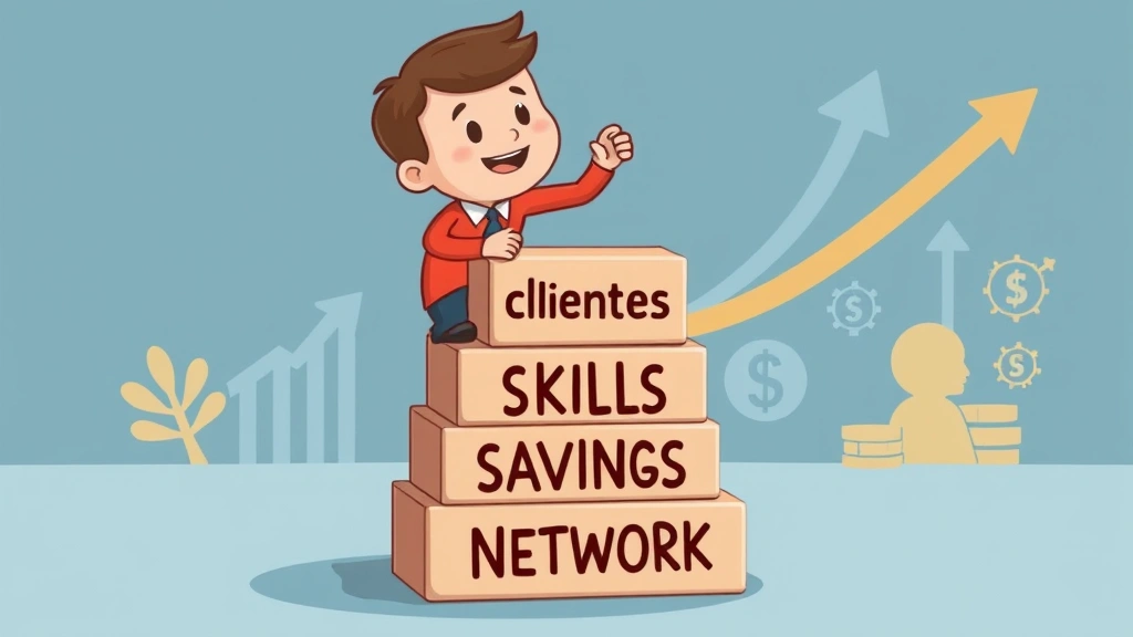 Cartoon figure building a stable foundation with blocks labeled 'clients,' 'skills,' 'savings,' and 'network,' with upward growth arrow and success symbols in background
