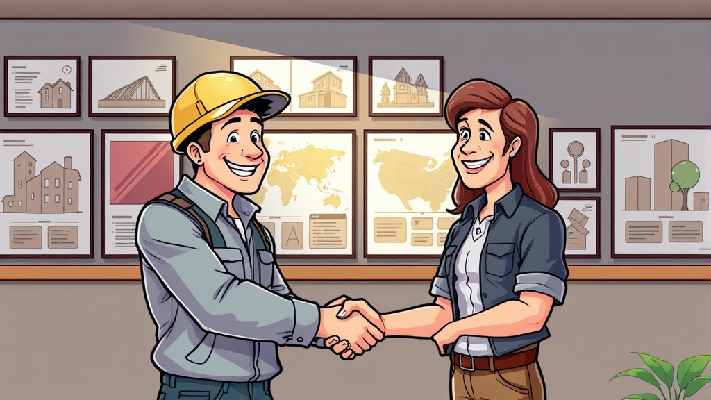 Cartoon successful contractor shaking hands with satisfied client, portfolio examples displayed on wall behind them, positive energy shown through light rays, both smiling confidently