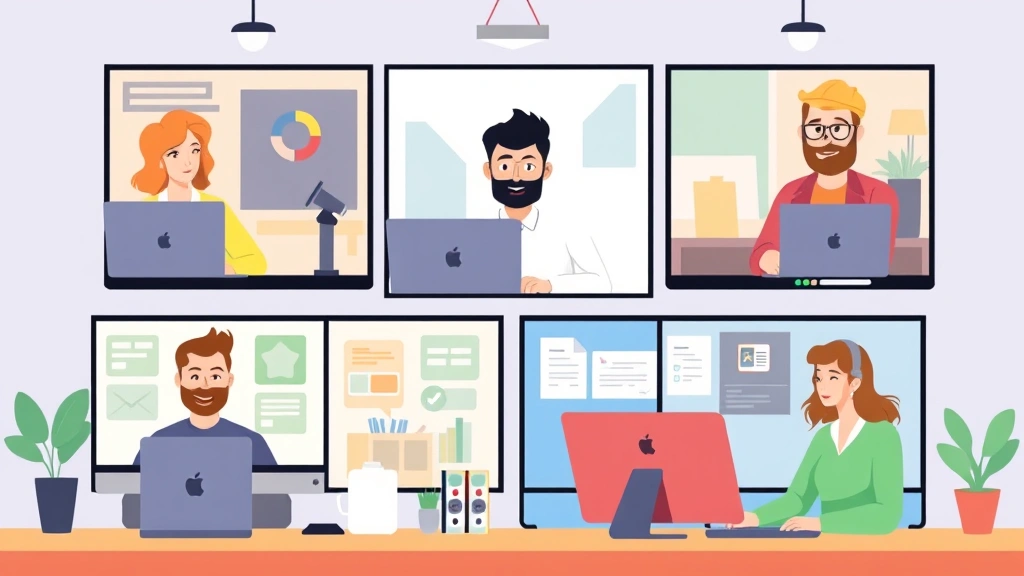 Diverse group of remote contractors collaborating online through video call, computer screens showing various professions like designer, developer, writer, consultant, cartoon style, modern professional setting