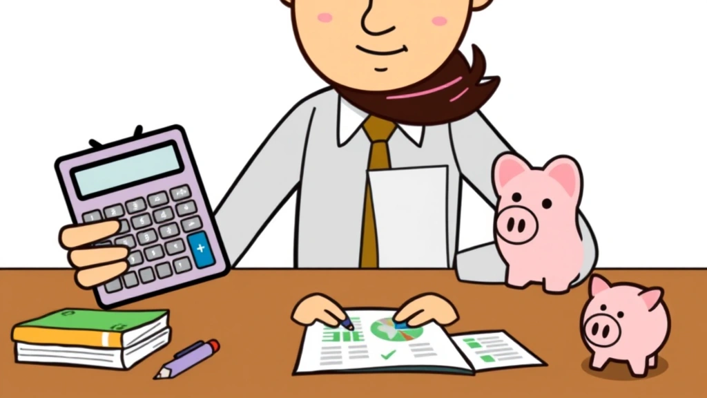 Cartoon person organizing finances with calculator, spreadsheet, and piggy bank, planning taxes and budgets, organized and prepared appearance, professional setting