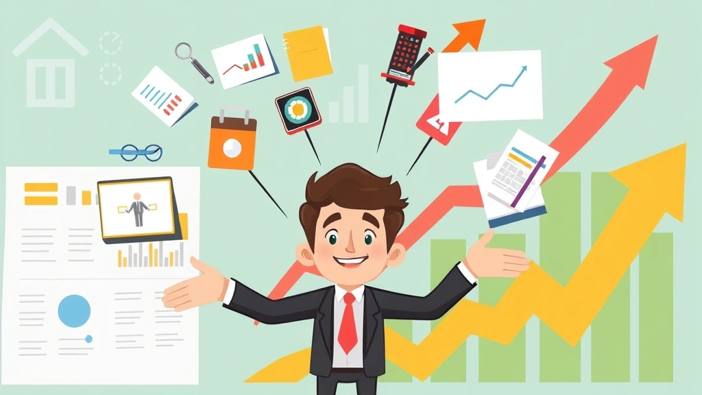 Cartoon character juggling multiple projects and clients as a 1099 contractor with organized charts and growth arrows in background, professional yet playful