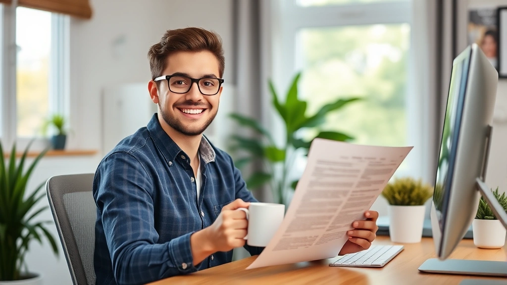 Happy independent worker in home office setup with plant, coffee cup, and computer showing contract documents, representing flexibility and autonomy of 1099 work