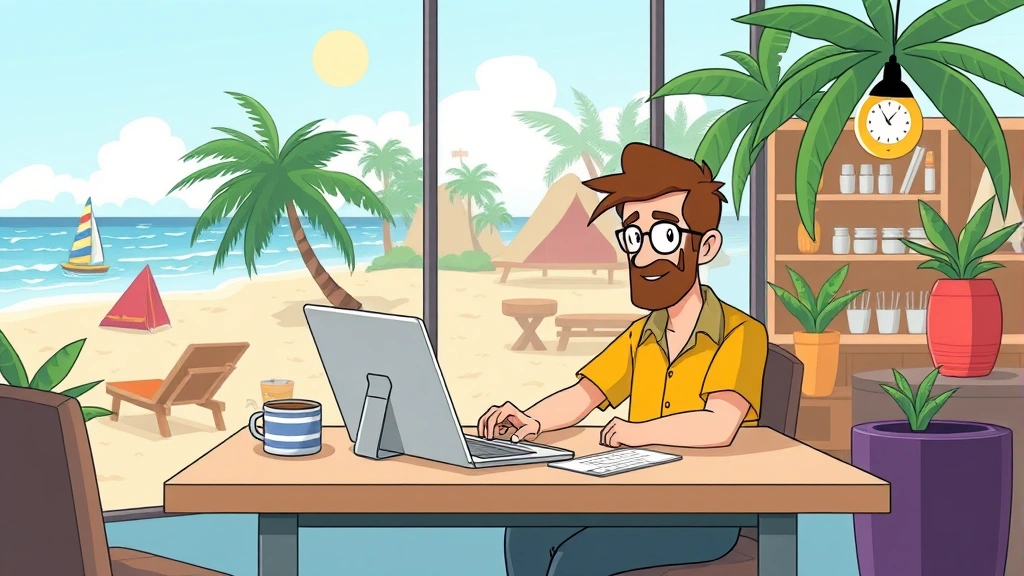 Cartoon contractor working from various locations - coffee shop, home desk, beach with laptop - showing location flexibility and remote work lifestyle benefits